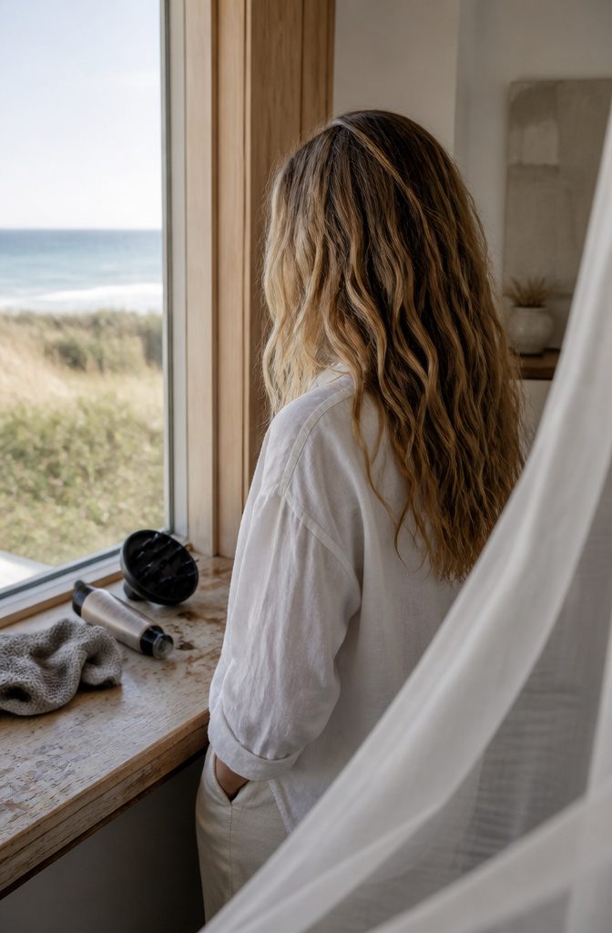 Wavy surf curtains haircut with long layers and separated ends