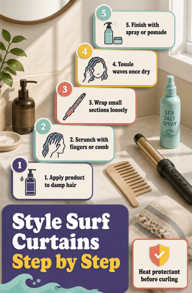 Step by step guide for styling surf curtains with loose waves