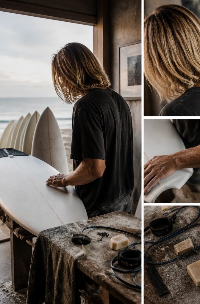 Surfers wearing surf curtains in polished loose and groomed styles