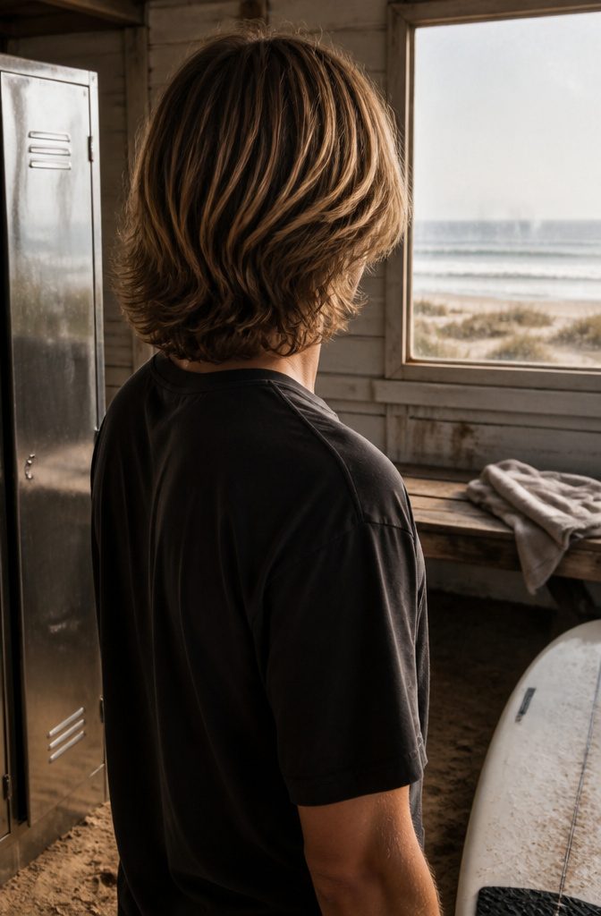 Layered surf curtains haircut framing the face with a center part