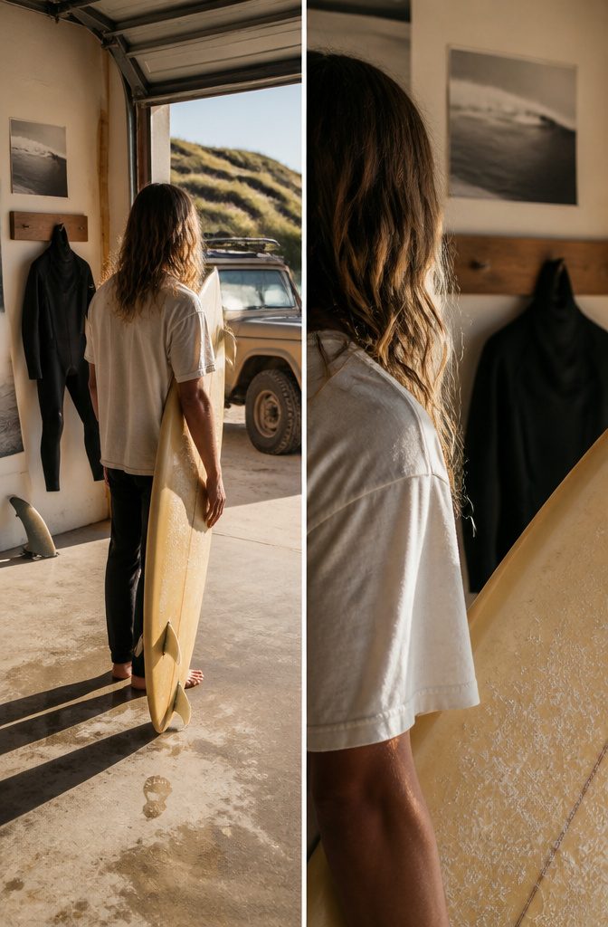 Surfer-inspired haircut with long hair parted down the middle