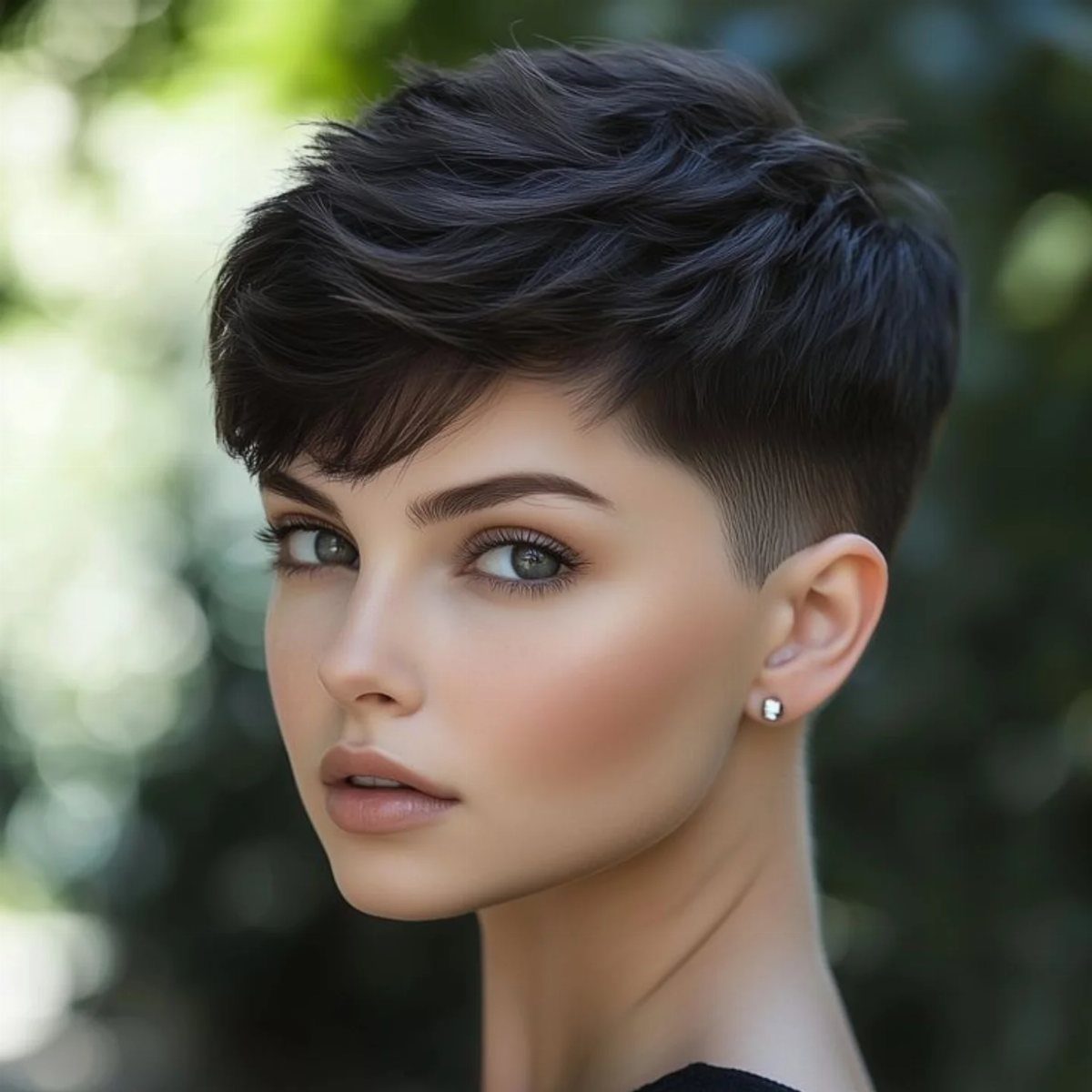 Person with a choppy dark textured crop and closely faded sides