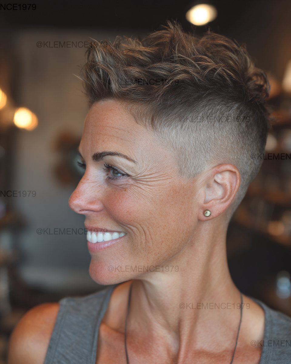 Woman showing a tousled brown crop with closely shaved sides