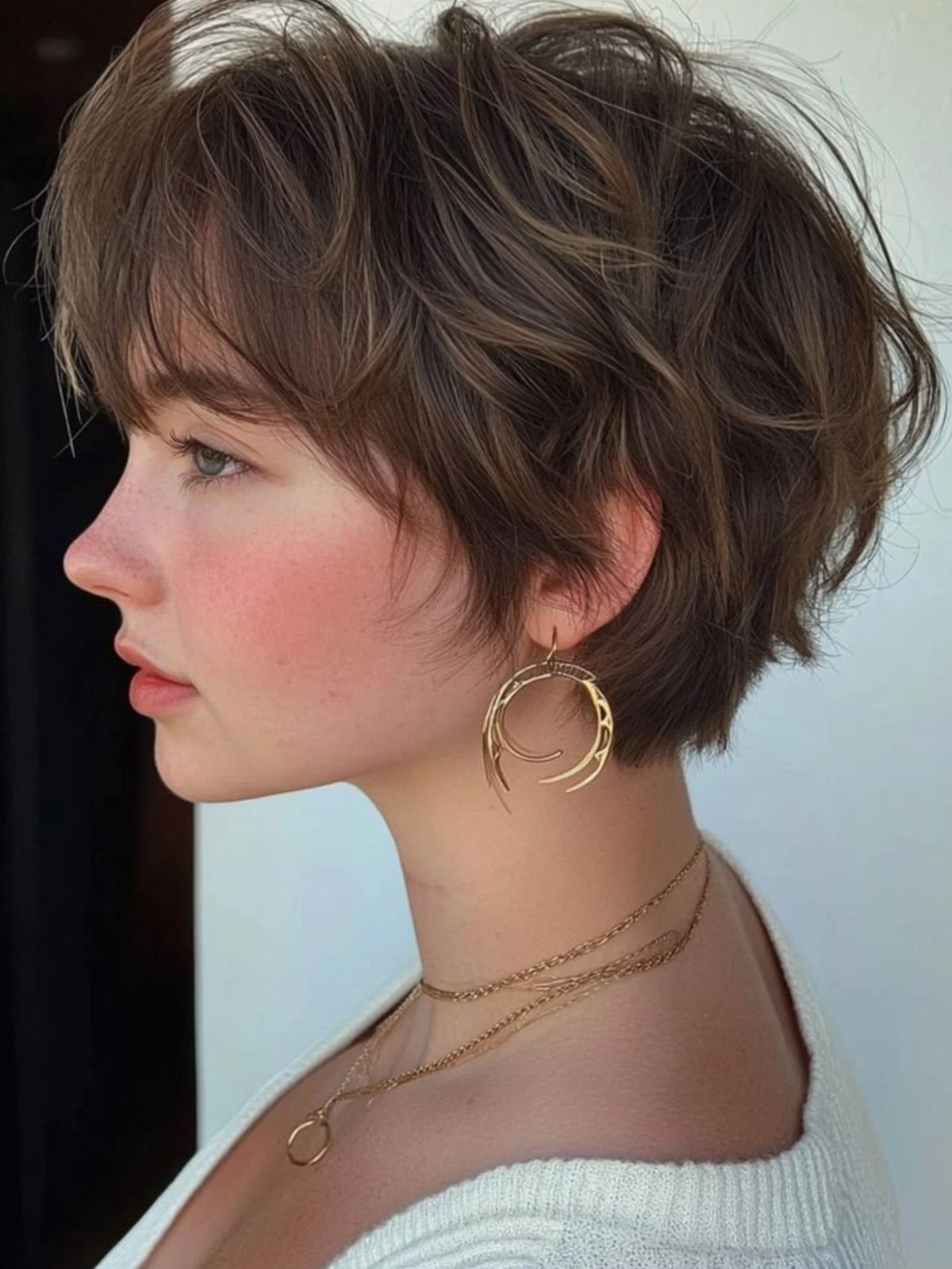 Short wavy brown crop with layered top and long fringe, shown in profile.