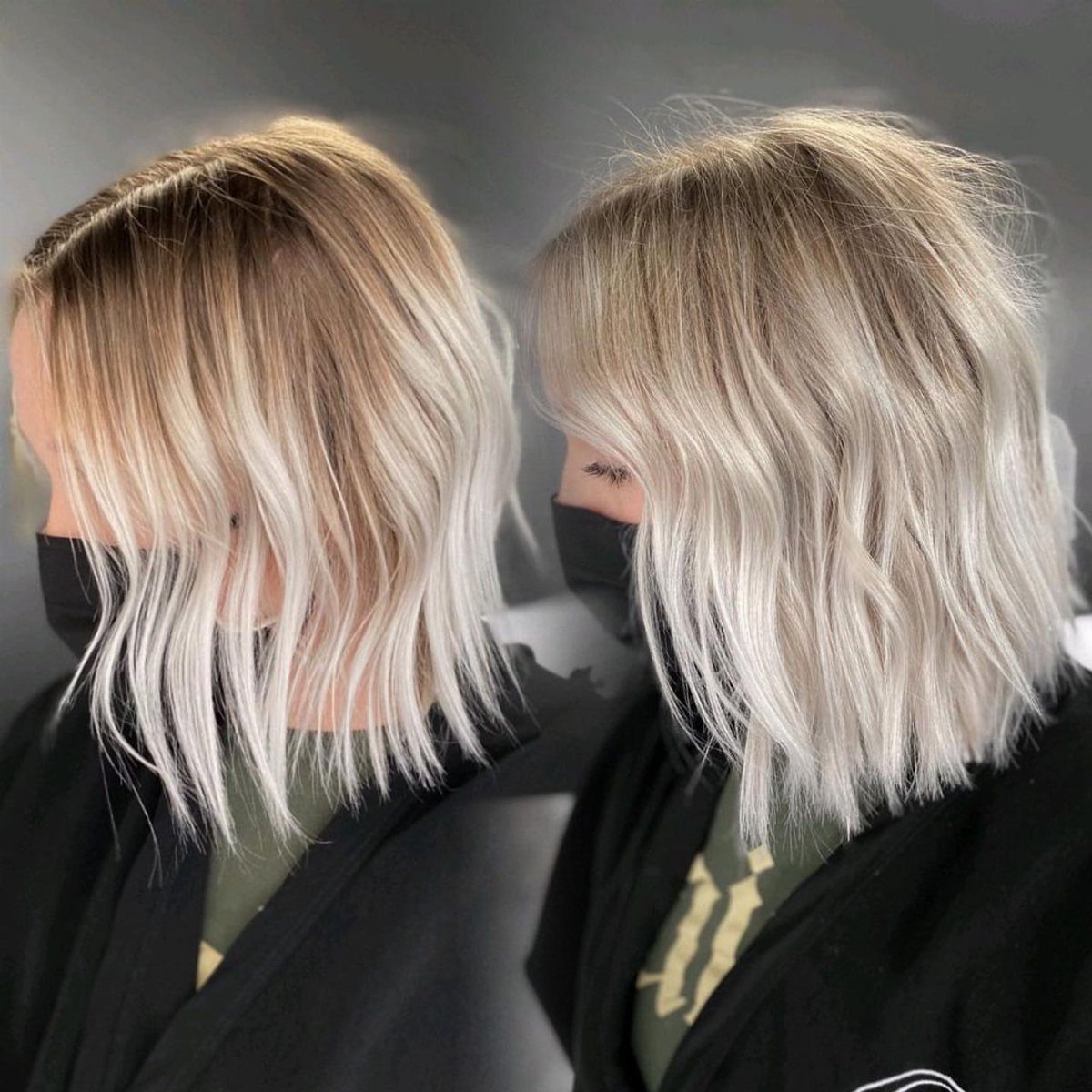 Blonde chin-length bob with soft waves and textured, blunt ends
