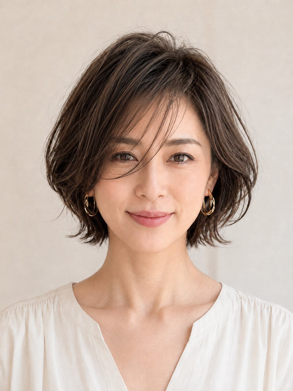 Woman with a dark layered bob and side-swept fringe
