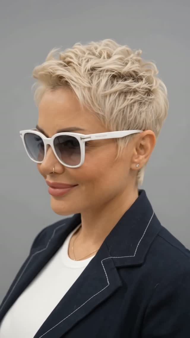 Short textured platinum pixie with tousled layers and white sunglasses