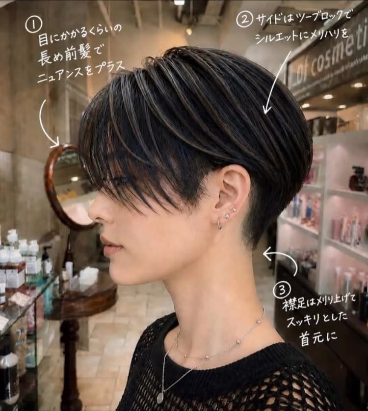 Two-block haircut with long dark fringe, layered crown, and closely trimmed nape
