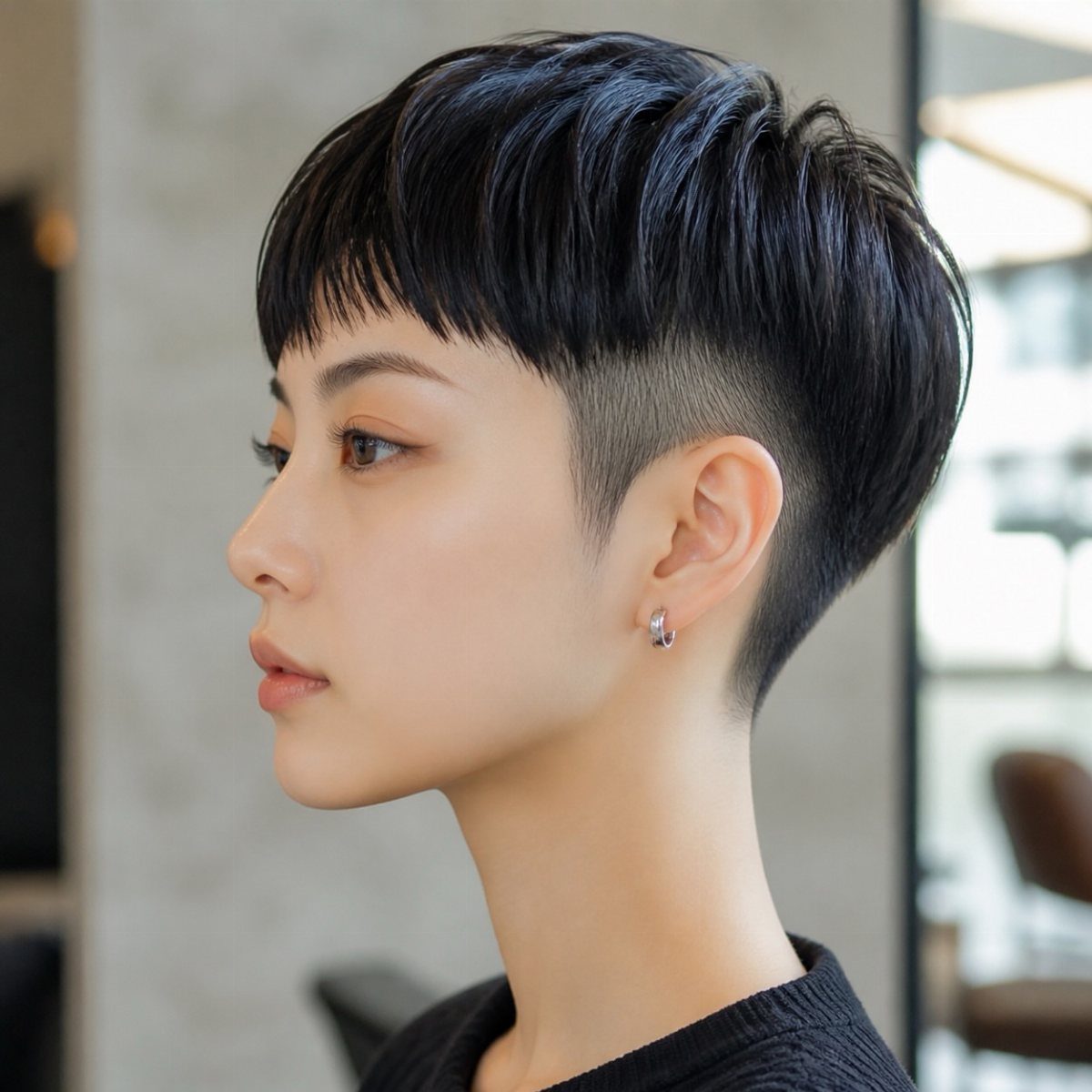 Short black two block haircut with textured top and closely cropped sides