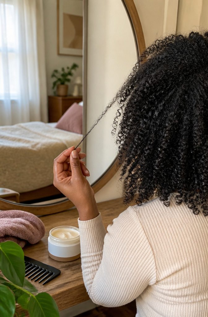 Black woman’s moisturized hair with a separated section of defined coils