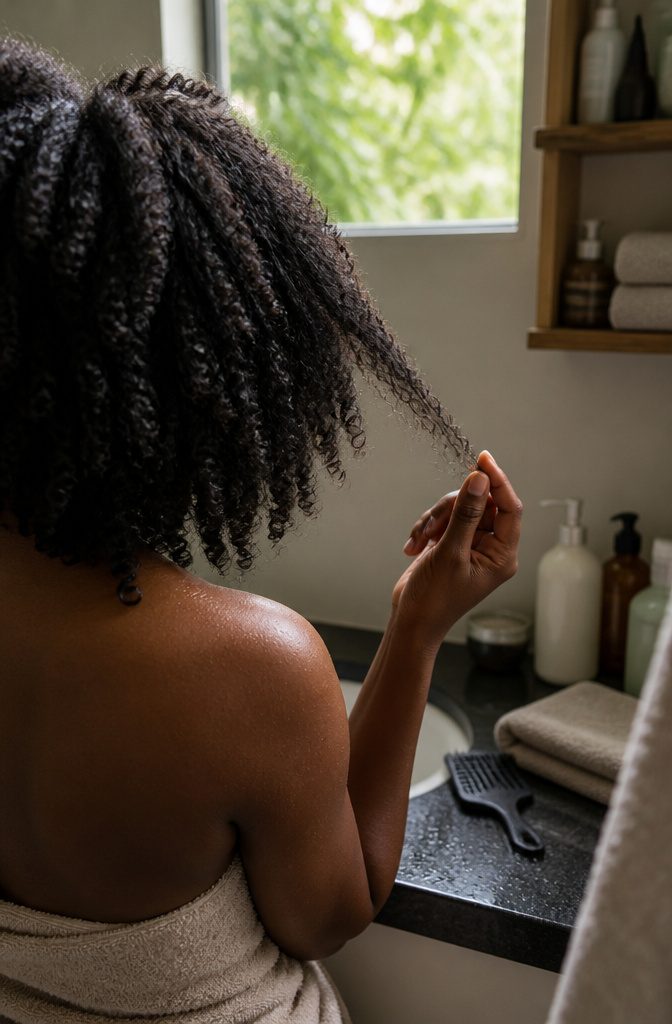 Black woman with fluffy 4B hair and a lifted section showing angular coils