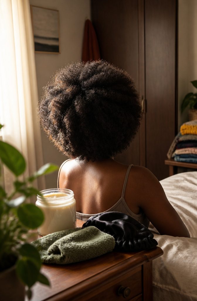 Black woman’s dense 4C hair forming a rounded halo seen from behind