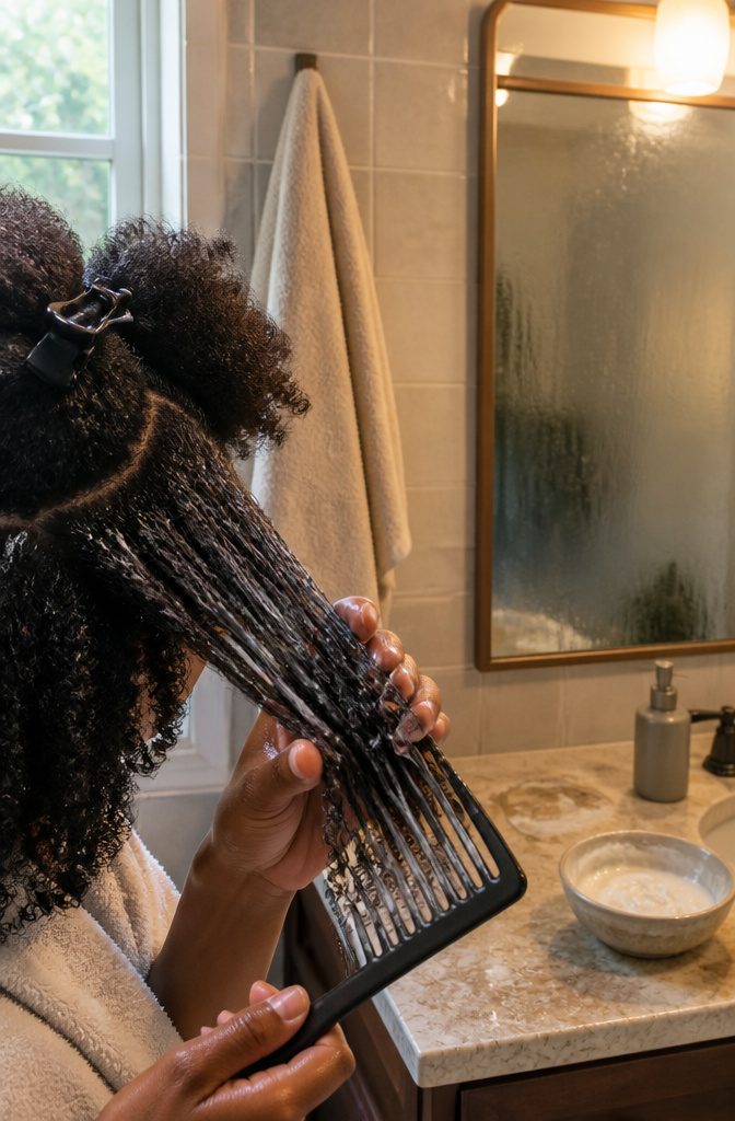 Hands comb conditioner-coated natural hair with a wide-tooth comb