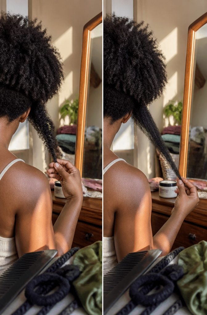 Black woman with natural coils showing the compact shape of type 4 hair
