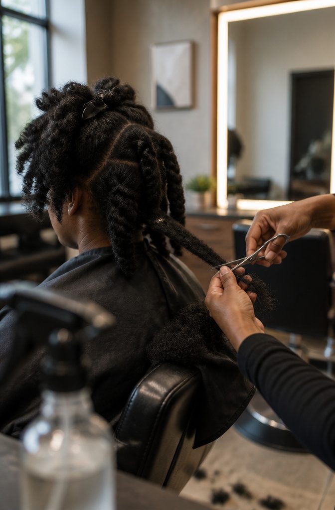 Stylist holding shears at the tips of a stretched twisted hair section