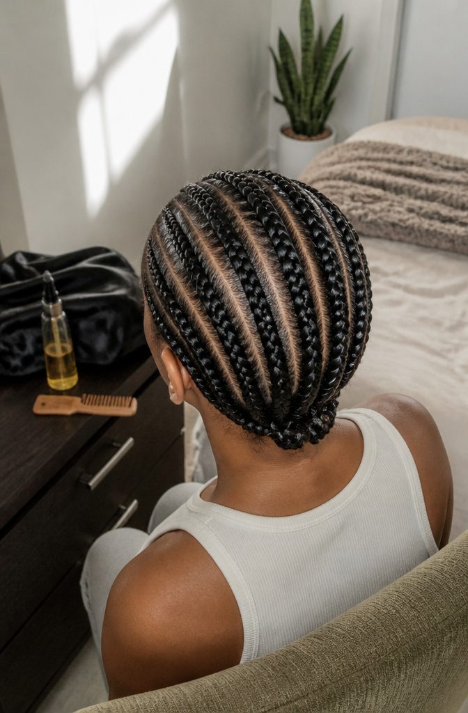 Black woman seen from behind with neat cornrows and narrow parts