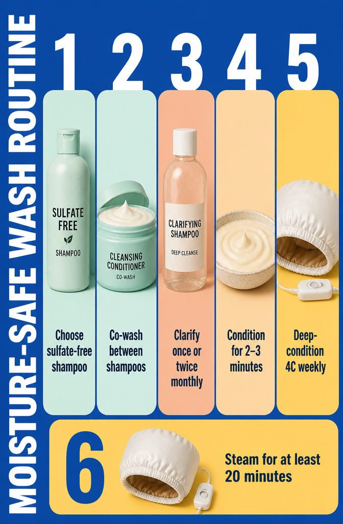 Beauty information graphic titled Moisture-Safe Wash Routine