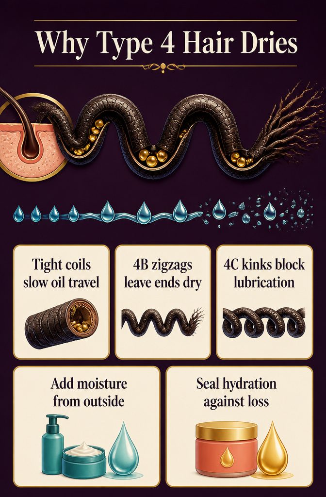 Beauty information graphic titled Why Type 4 Hair Dries
