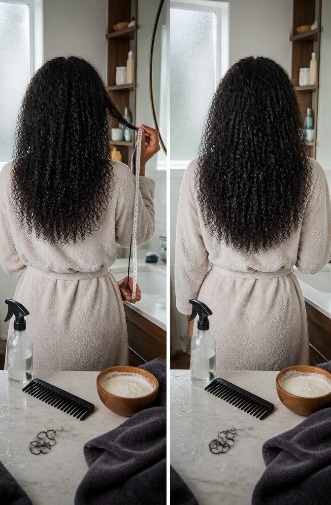 Curly hair strand stretched straight beside a measuring tape