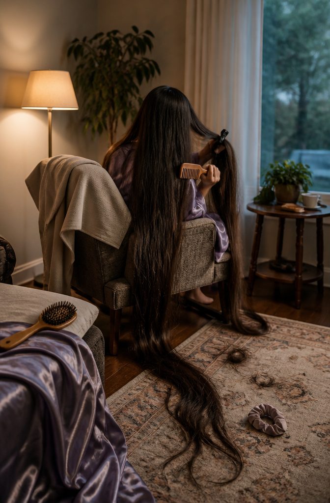 Extra-long hair hanging loose over shoulders during a care routine