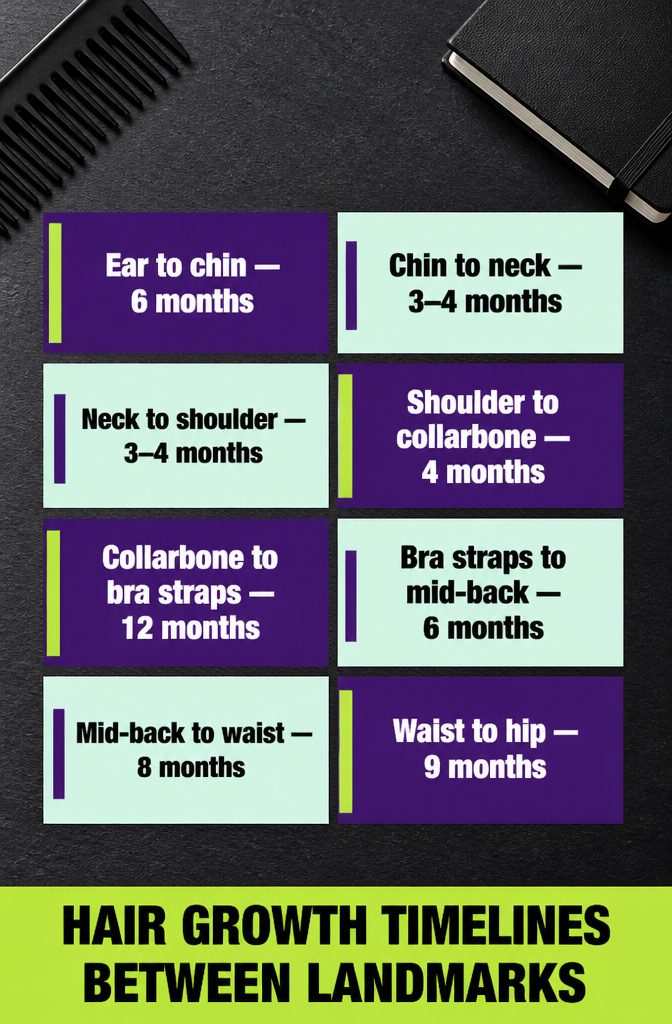 Hair growth chart listing timelines between ear chin neck shoulder and waist