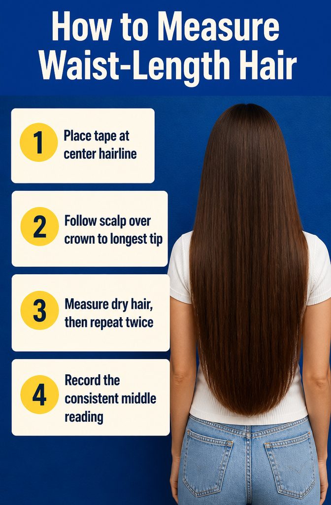 Flexible measuring tape running from a hairline over the crown to hair ends