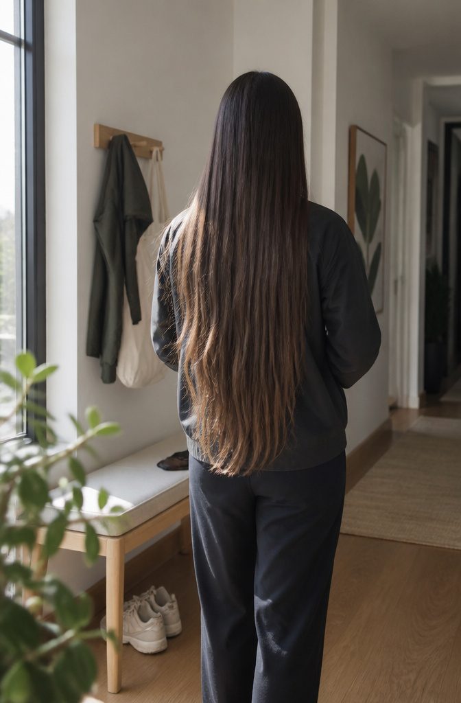 Waist-length straight hair with loose waves and feathered ends