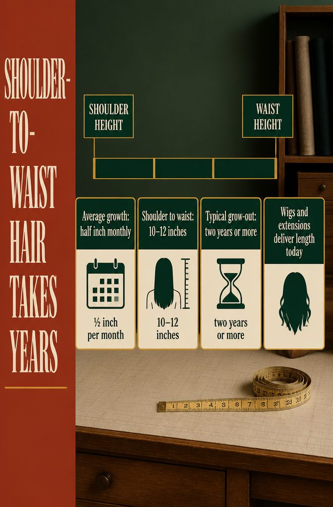 Hair growth timeline graphic showing shoulder length progressing to waist length