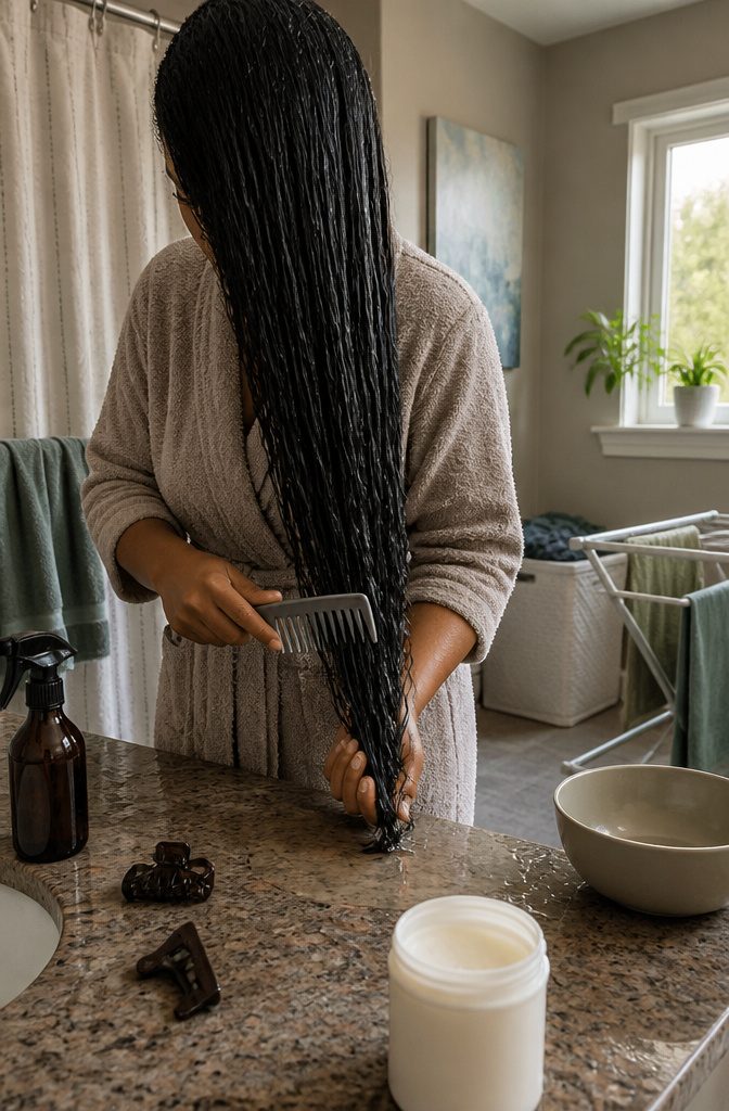 Damp waist-length hair sectioned over one shoulder during detangling