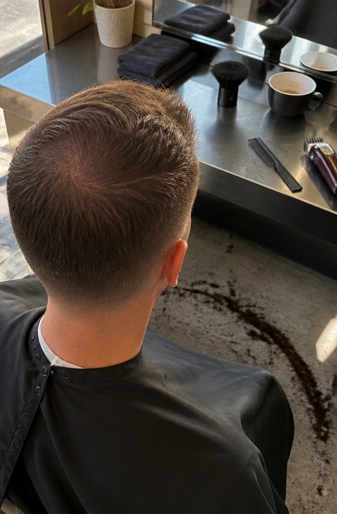 Short textured haircut with close sides and longer hair on top