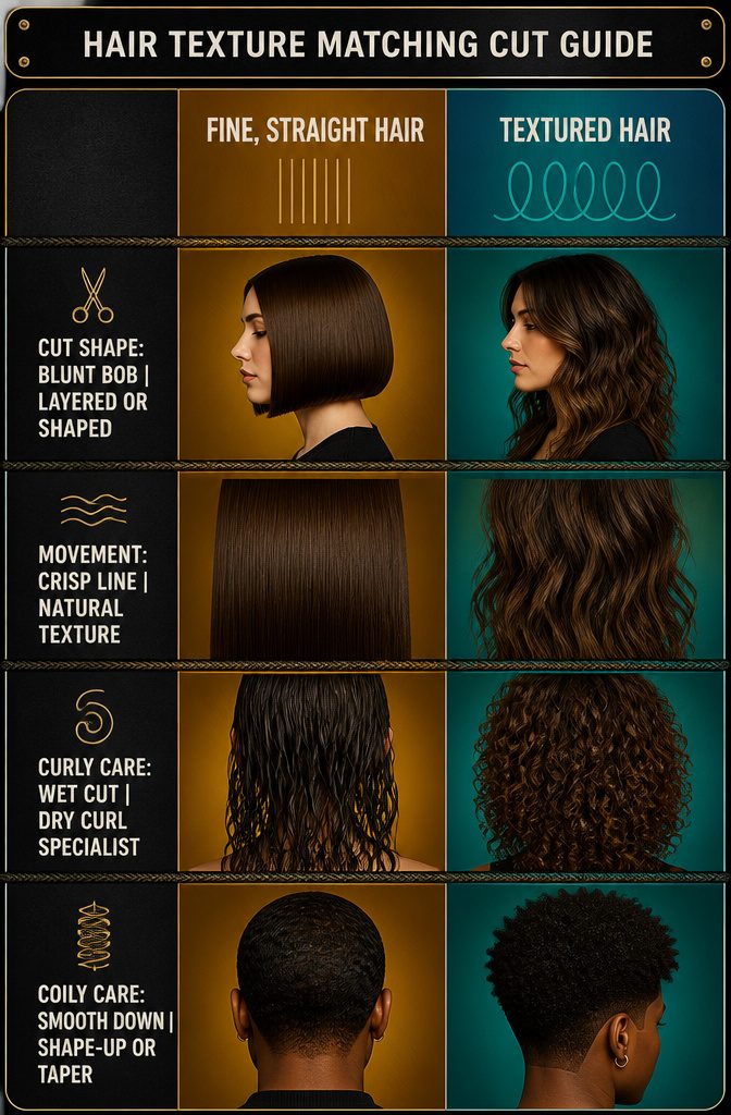 Hair texture examples showing straight wavy curly and coily haircut patterns