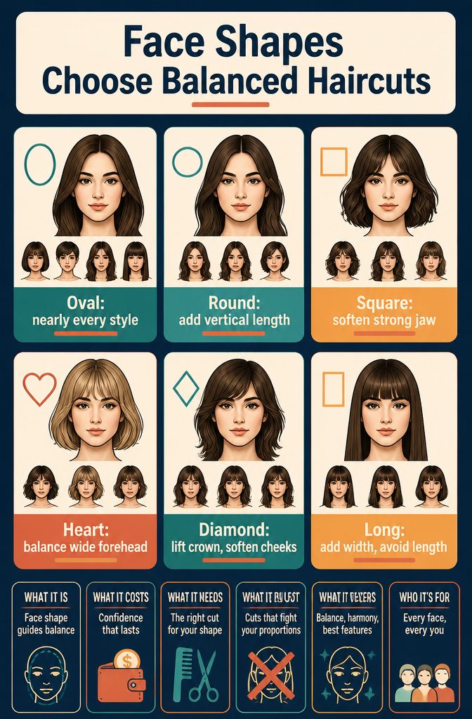 Face shape diagrams showing oval round square heart and diamond facial outlines