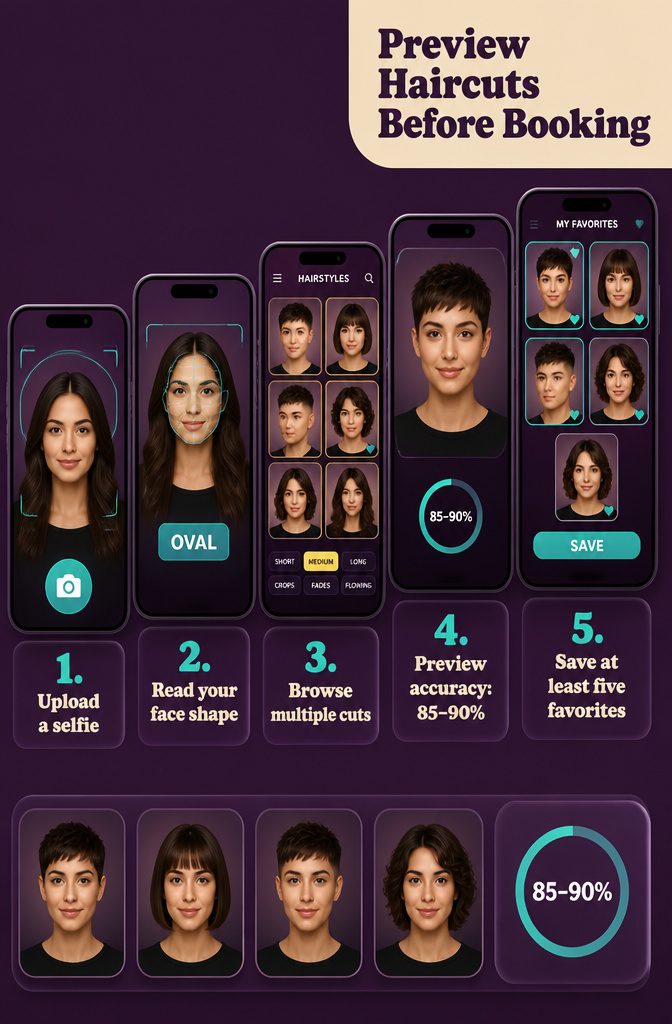 Selfie with virtual previews of several haircut styles