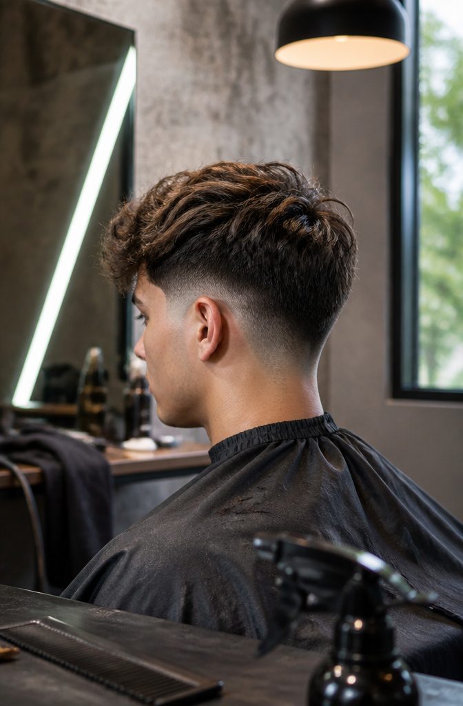 Textured crop haircut with layered top and faded sides