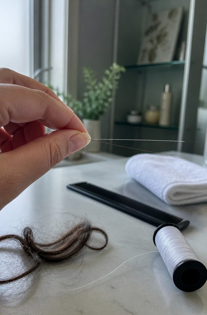 Loose hair strand held parallel to sewing thread between fingers