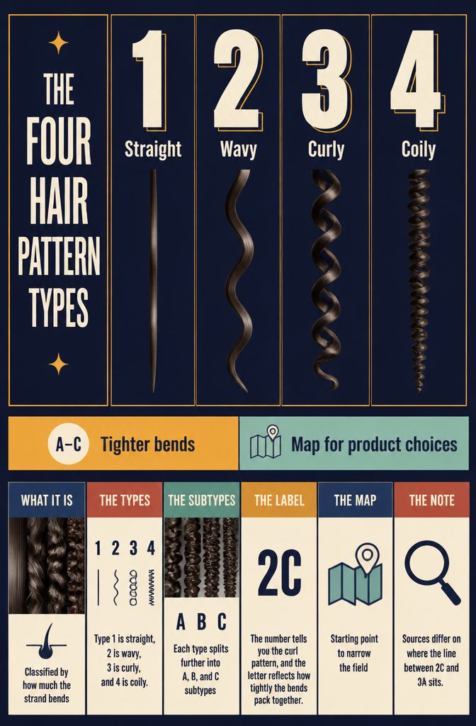 Hair pattern chart listing straight wavy curly and coily types