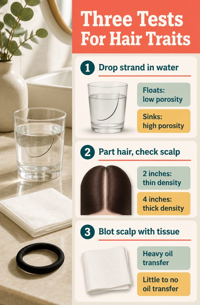 Hair traits infographic with tests for porosity density and scalp oiliness