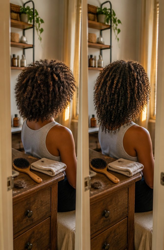 Person showing sections of hair with differing curl patterns