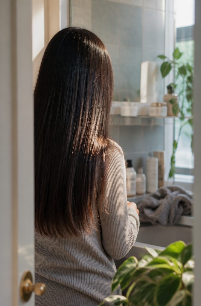 Straight hair with a subtle sheen running from scalp toward ends